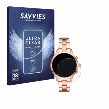 Front side of a product packaging with the brand logo Savvies. Next to it is the device Michael Kors Access Runway (41 mm) sho