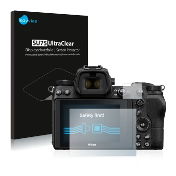 Front side of a product packaging with the brand logo Savvies. Next to it is the device Nikon Z 6 shown with the corresponding