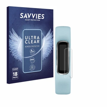 Front side of a product packaging with the brand logo Savvies. Next to it is the device Garmin Vivosmart 4 shown with the corr