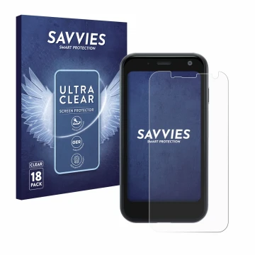 Front side of a product packaging with the brand logo Savvies. Next to it is the device Palm Mini Smartphone shown with the co