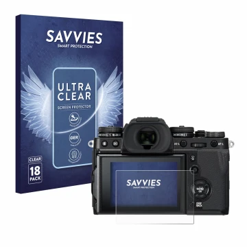 Front side of a product packaging with the brand logo Savvies. Next to it is the device Fujifilm X-T3 shown with the correspon
