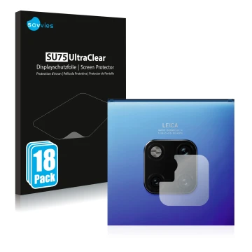 Front side of a product packaging with the brand logo Savvies. Next to it is the device Huawei Mate 20 Pro (ONLY Camera Lens) 