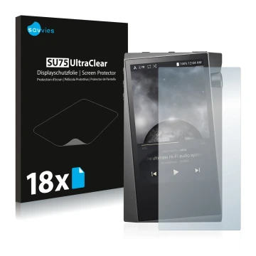 Front side of a product packaging with the brand logo Savvies. Next to it is the device Astell&Kern A&norma SR15 shown with th