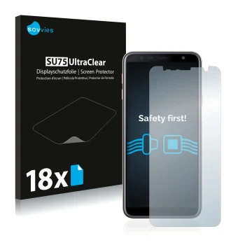 Front side of a product packaging with the brand logo Savvies. Next to it is the device Samsung Galaxy J4 Plus shown with the 