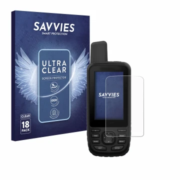 Front side of a product packaging with the brand logo Savvies. Next to it is the device Garmin GPSMAP 66st shown with the corr