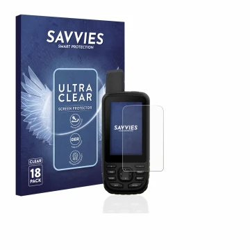 Front side of a product packaging with the brand logo Savvies. Next to it is the device Garmin GPSMAP 66s shown with the corre