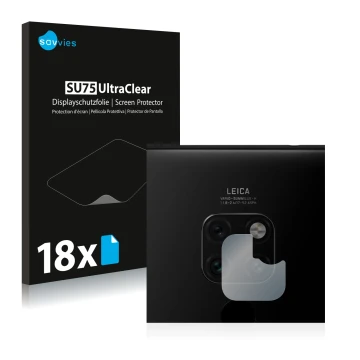 Front side of a product packaging with the brand logo Savvies. Next to it is the device Huawei Mate 20 (ONLY Camera Lens) show