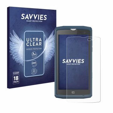 Front side of a product packaging with the brand logo Savvies. Next to it is the device Crosscall Core X3 shown with the corre