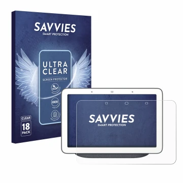 Front side of a product packaging with the brand logo Savvies. Next to it is the device Google Home Hub shown with the corresp