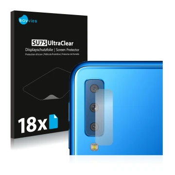 Front side of a product packaging with the brand logo Savvies. Next to it is the device Samsung Galaxy A7 2018 (ONLY Camera Le