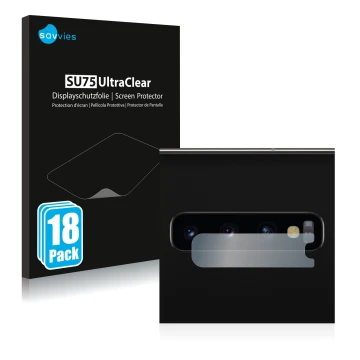 Front side of a product packaging with the brand logo Savvies. Next to it is the device Samsung Galaxy S10 (ONLY Camera Lens) 