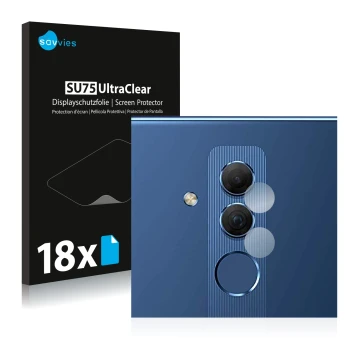 Front side of a product packaging with the brand logo Savvies. Next to it is the device Huawei Mate 20 lite (ONLY Camera Lens)
