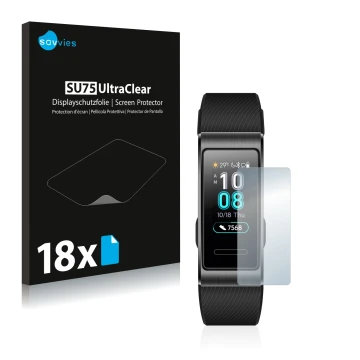 Front side of a product packaging with the brand logo Savvies. Next to it is the device Huawei Band 3 Pro shown with the corre