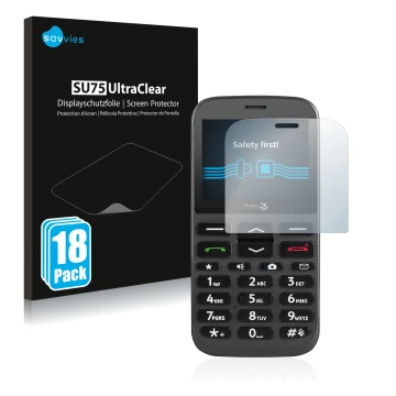 Front side of a product packaging with the brand logo Savvies. Next to it is the device Doro 1370 shown with the corresponding