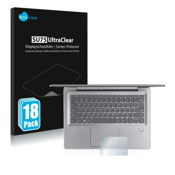 Front side of a product packaging with the brand logo Savvies. Next to it is the device Lenovo IdeaPad 530s (14