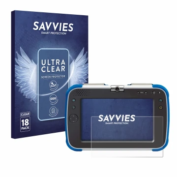 Front side of a product packaging with the brand logo Savvies. Next to it is the device Vtech Storio Max XL 2.0 shown with the