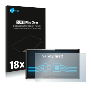 Front side of a product packaging with the brand logo Savvies. Next to it is the device Kenwood DMX7018DABS shown with the cor