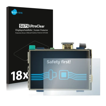 Front side of a product packaging with the brand logo Savvies. Next to it is the device Raspberry Pi Touchscreen (3.5