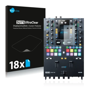 Front side of a product packaging with the brand logo Savvies. Next to it is the device Rane Seventy-Two shown with the corres