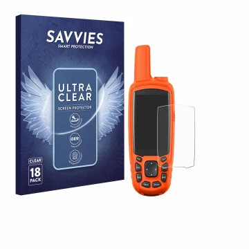 Front side of a product packaging with the brand logo Savvies. Next to it is the device Garmin Astro 430 shown with the corres