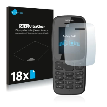 Front side of a product packaging with the brand logo Savvies. Next to it is the device Nokia 106 2018 shown with the correspo