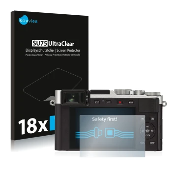 Front side of a product packaging with the brand logo Savvies. Next to it is the device Leica D-Lux 7 shown with the correspon