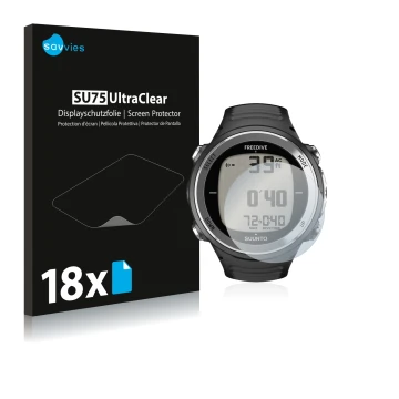 Front side of a product packaging with the brand logo Savvies. Next to it is the device Suunto D4F shown with the correspondin