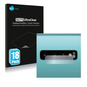 Front side of a product packaging with the brand logo Savvies. Next to it is the device Samsung Galaxy S10 Plus (ONLY Camera L