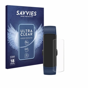 Front side of a product packaging with the brand logo Savvies. Next to it is the device Honor Band 4 shown with the correspond