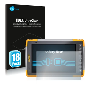 Front side of a product packaging with the brand logo Savvies. Next to it is the device Juniper Systems Mesa 2 Rugged Tablet s
