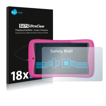 Front side of a product packaging with the brand logo Savvies. Next to it is the device Kurio Connect 7