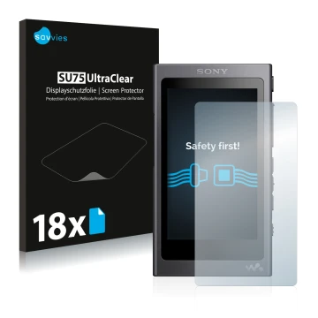 Front side of a product packaging with the brand logo Savvies. Next to it is the device Sony Walkman A40 shown with the corres