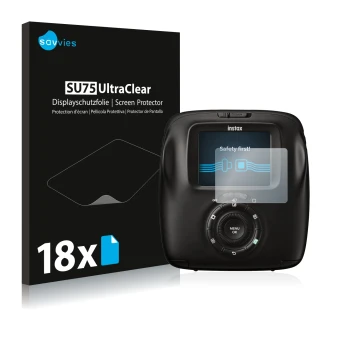 Front side of a product packaging with the brand logo Savvies. Next to it is the device Fujifilm Instax Square SQ20 shown with