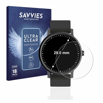 Front side of a product packaging with the brand logo Savvies. Next to it is the device Circular Displays (ø: 29 mm) shown wit
