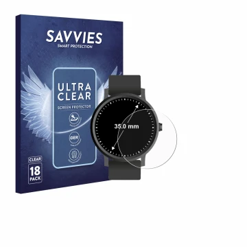 Front side of a product packaging with the brand logo Savvies. Next to it is the device Circular Displays (ø: 35 mm) shown wit