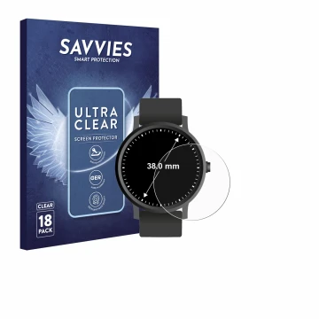 Front side of a product packaging with the brand logo Savvies. Next to it is the device Circular Displays (ø: 38 mm) shown wit