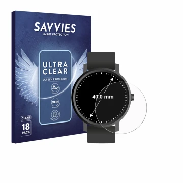 Front side of a product packaging with the brand logo Savvies. Next to it is the device Circular Displays (ø: 40 mm) shown wit