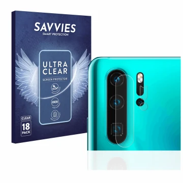 Front side of a product packaging with the brand logo Savvies. Next to it is the device Huawei P30 Pro (ONLY Camera Lens) show