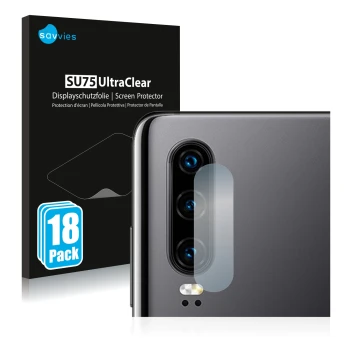 Front side of a product packaging with the brand logo Savvies. Next to it is the device Huawei P30 (ONLY Camera Lens) shown wi