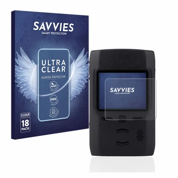Front side of a product packaging with the brand logo Savvies. Next to it is the device Motorola Advisor TPG2200 shown with th