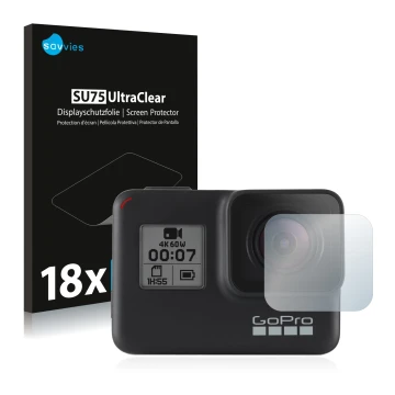 Front side of a product packaging with the brand logo Savvies. Next to it is the device GoPro Hero 7 Black (Lens) shown with t