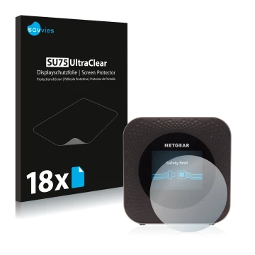 Front side of a product packaging with the brand logo Savvies. Next to it is the device Netgear Nighthawk M1 shown with the co