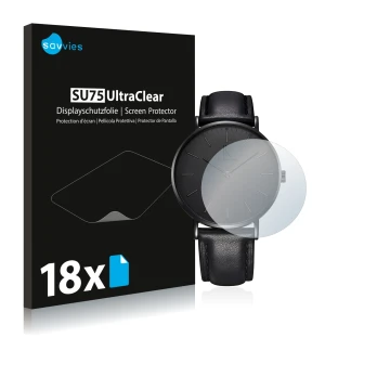 Front side of a product packaging with the brand logo Savvies. Next to it is the device Alienwork IK Watch (36 mm) shown with 