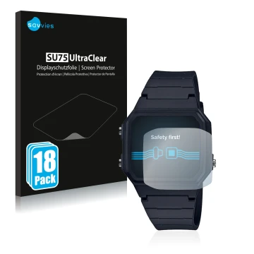 Front side of a product packaging with the brand logo Savvies. Next to it is the device Casio Unisex A168WA-1YES shown with th