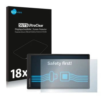 Front side of a product packaging with the brand logo Savvies. Next to it is the device Garmin DriveSmart 55 shown with the co