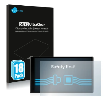 Front side of a product packaging with the brand logo Savvies. Next to it is the device Garmin DriveSmart 65 shown with the co
