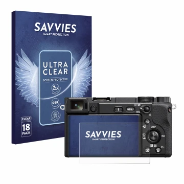 Front side of a product packaging with the brand logo Savvies. Next to it is the device Sony Alpha 6400 shown with the corresp