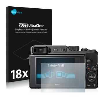Front side of a product packaging with the brand logo Savvies. Next to it is the device Nikon Coolpix A1000 shown with the cor