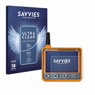 Front side of a product packaging with the brand logo Savvies. Next to it is the device Skytraxx 2.1 Vario shown with the corr