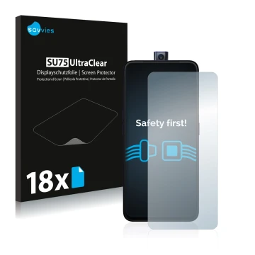Front side of a product packaging with the brand logo Savvies. Next to it is the device Oppo F11 Pro shown with the correspond